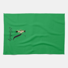 Watercolor botanical green initial monogram kökshandduk