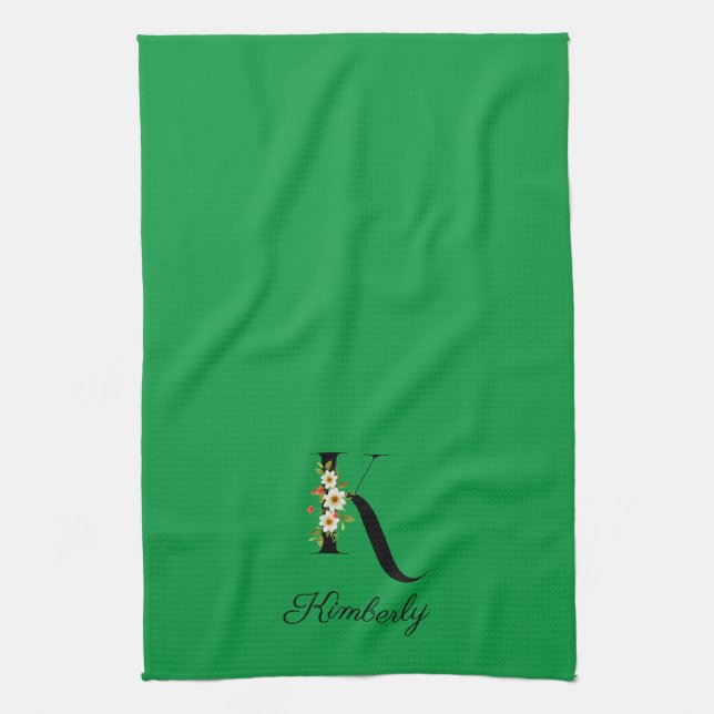 Watercolor botanical green initial monogram kökshandduk (Vertikal)