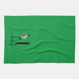 Watercolor botanical green initial monogram kökshandduk