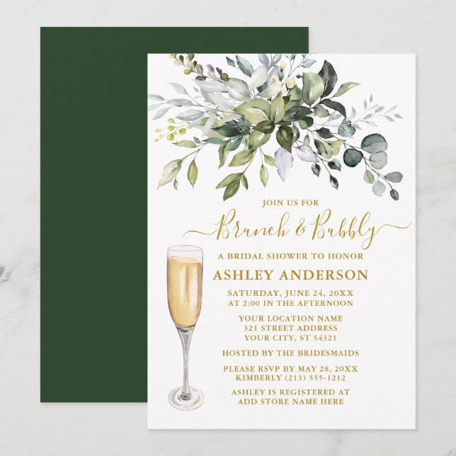 Watercolor Botanical Greenery Brunch BubLY Guld Inbjudningar (Fram/baksida)