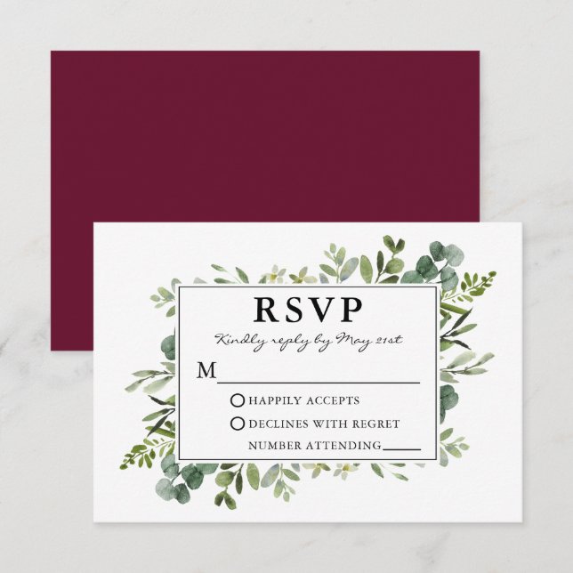 Watercolor Botanical Greenery Burgundy Bröllop OSA Kort (Fram/baksida)