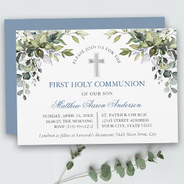 Watercolor Botanical Greenery Dusty Blue Communion Inbjudningar