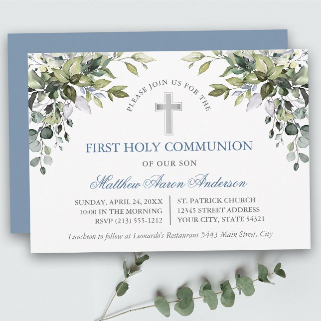 Watercolor Botanical Greenery Dusty Blue Communion Inbjudningar (Customize to change text color, text style or color of back of card.)