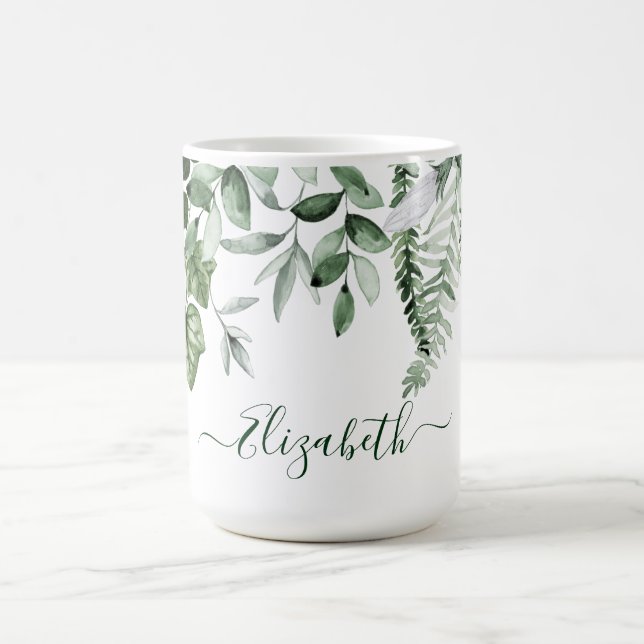 Watercolor Botanical Greenery Ivy Sage Ferns Large Kaffemugg (Center)