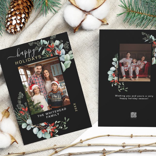Watercolor Botanical Greenery Photo Black Julkort (You will love these beautiful Christmas cards! They feature botanical watercolor pine and berries.)