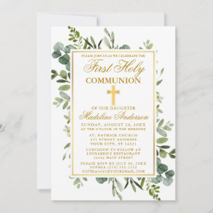 Watercolor Botanical Grey Guld First Communion Inbjudningar