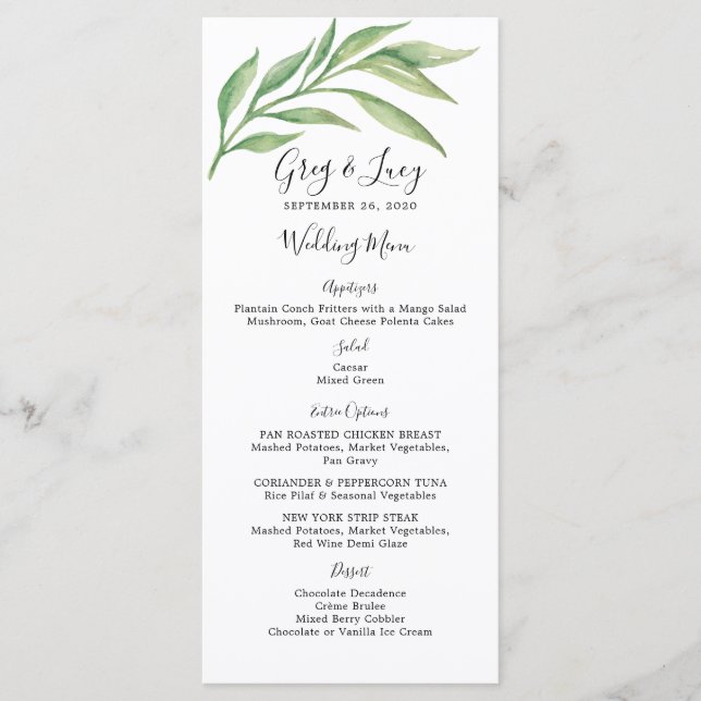 Watercolor Botanical Löv Wedding Reception Menu Meny (Framsida)