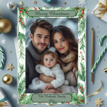 Watercolor Botanical Vintage Green Christmas Photo