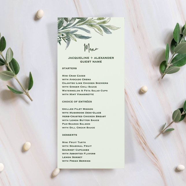 Watercolor Botanical Wedding Menu with Guest Name Meny (Skapare uppladdad)