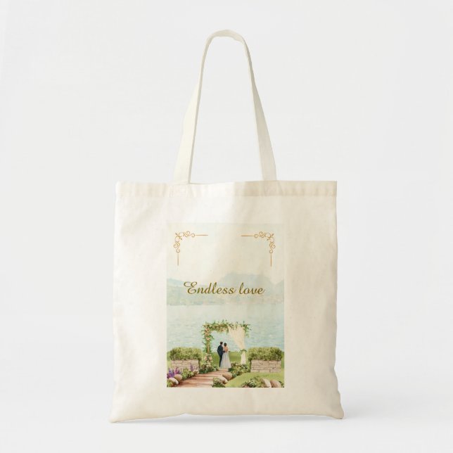 Watercolor Botanical Wedding Tote Bag – Elegant Tygkasse (Framsidan)
