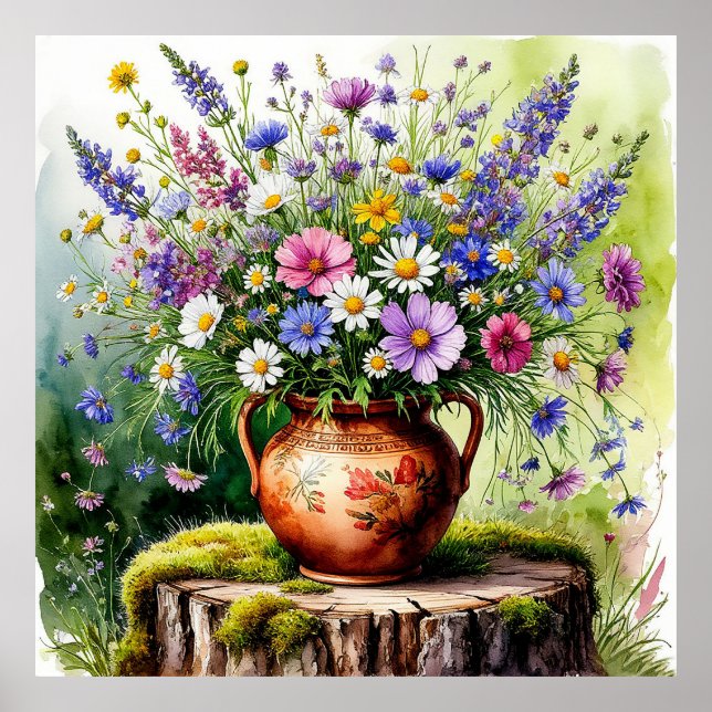 Watercolor Bouquet av Wildblommor i vas Poster (Framsidan)