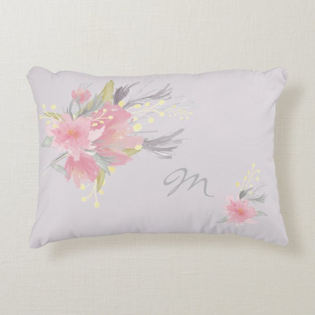 Watercolor Bouquet Blommigt Monogram Prydnadskudde (Framsidan)