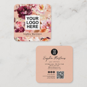 Watercolor Bouquet Blommor Burgundy & QR-kodlogoty Fyrkantigt Visitkort