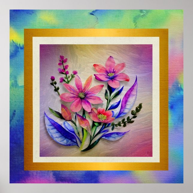Watercolor Bouquet Flowers, färgstark bakgrund Poster (Framsidan)