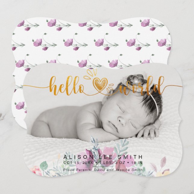 Watercolor bouquet hej world baby meddelande (Fram/baksida)