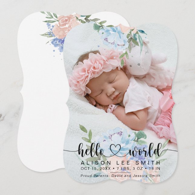 Watercolor bouquet hej world baby meddelande (Fram/baksida)