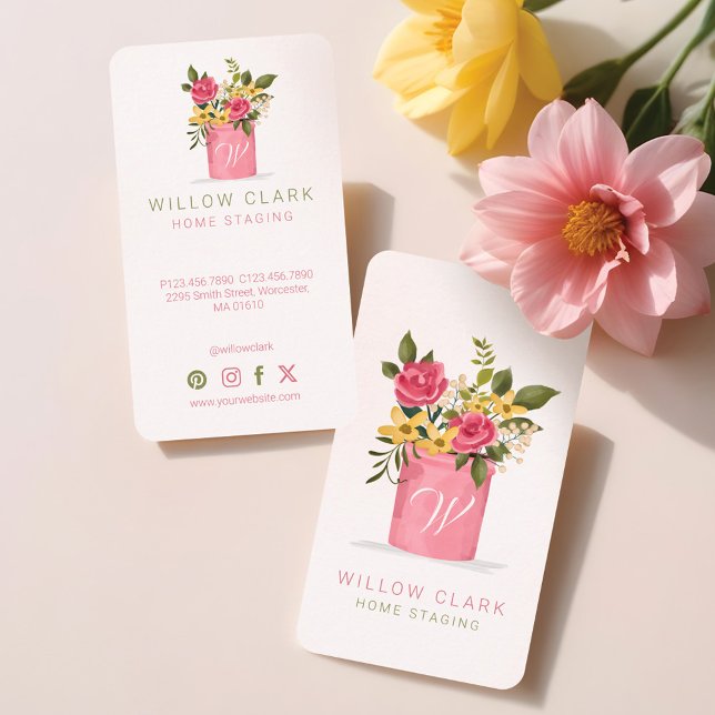Watercolor Bouquet Poted Blommigt Ro Monogram Visitkort (Watercolor Bouquet Potted Floral Roses Monogram Business Card)