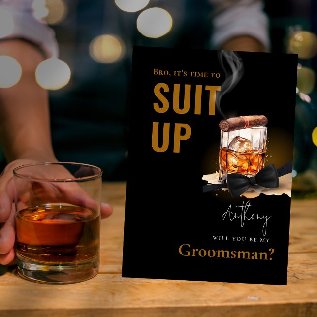 Watercolor Bourbon Cigar Tuxedo Kostym Up Groomsma Inbjudningar (Watercolor Bourbon Cigar Tuxedo Suit Up Groomsman Invitation)