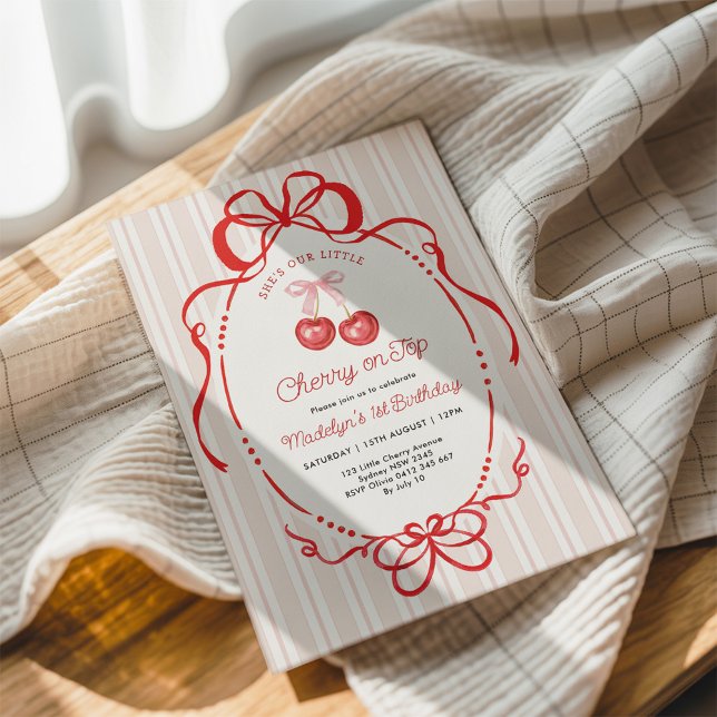 Watercolor Bow Cherry On Top Girl 1st Birthday Inbjudningar (Skapare uppladdad)