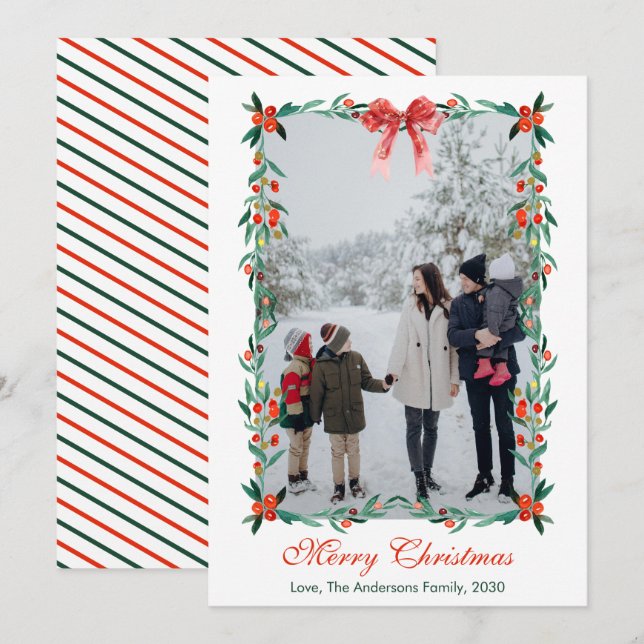 Watercolor Bow Christmas Greenery Berries Photo  Julkort (Fram/baksida)