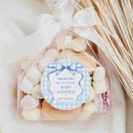 Watercolor Bow Gingham Blue Pojke Shower Runt Klistermärke
