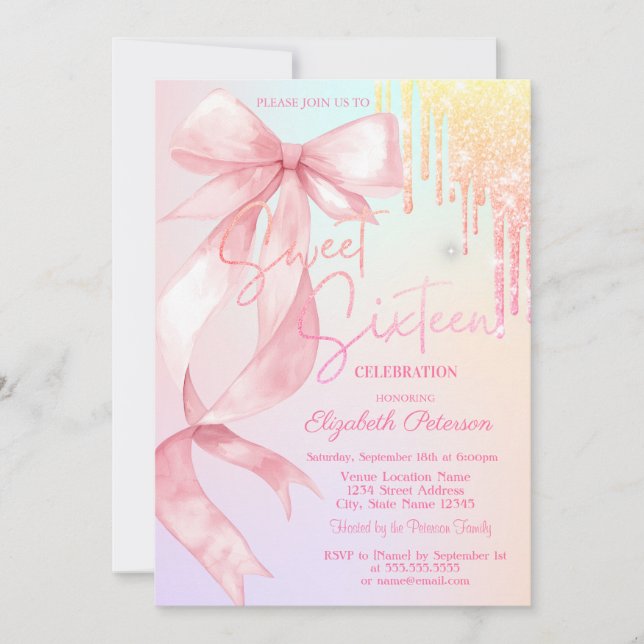 Watercolor Bow Glitter Drips Colorful Sweet 16   Inbjudningar (Framsida)