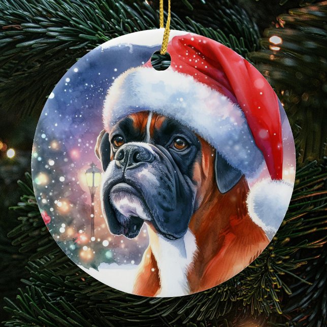 Watercolor Boxer Hund Santa Hat jul Julgransprydnad Keramik (Skapare uppladdad)