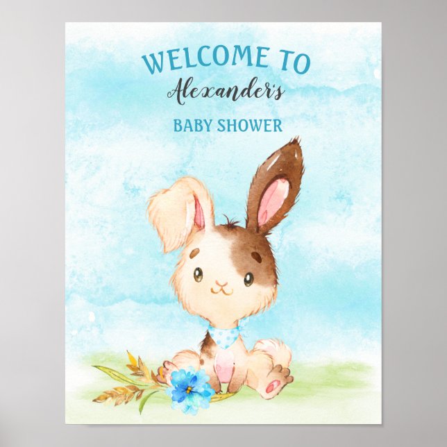 Watercolor Boy Bunny Baby Shower Farm Poster (Framsidan)
