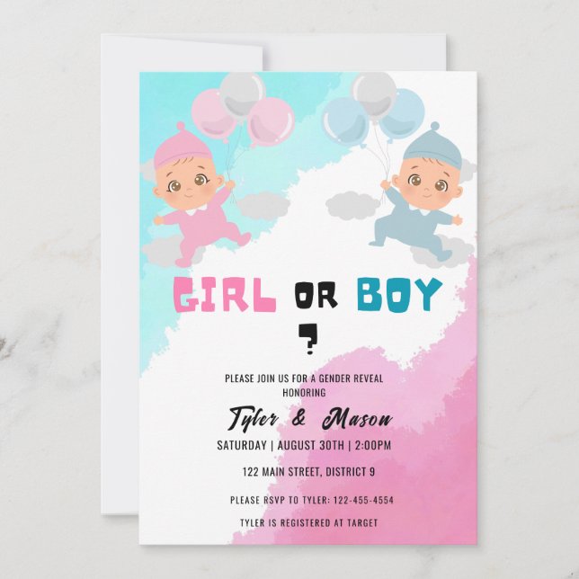 Watercolor Boy eller Girl Gender Reveal Party Inbjudningar (Framsida)