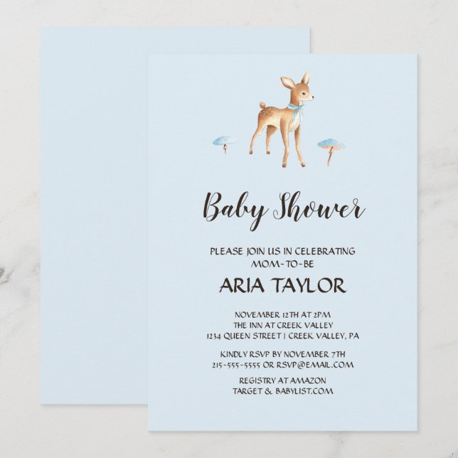 Watercolor Boy Hjort med Mushroom Baby Shower Inbjudningar (Fram/baksida)