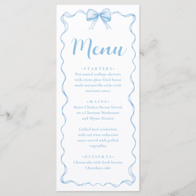 Watercolor Boy Ribbon Dusty Blue Bow Baby Shower Meny (Framsida)