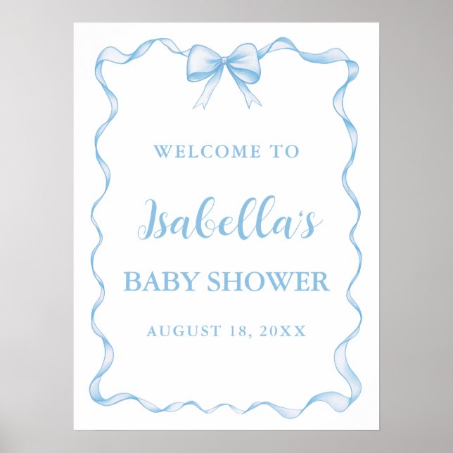 Watercolor Boy Ribbon Dusty Blue Bow Baby Shower Poster (Framsidan)