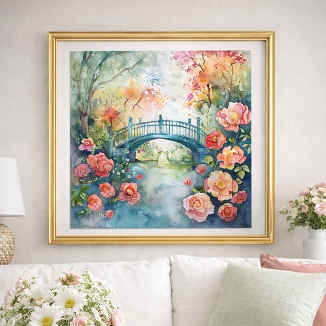 Watercolor Bridge Garden Floral  Poster (Watercolor bridge and flowers wall art)