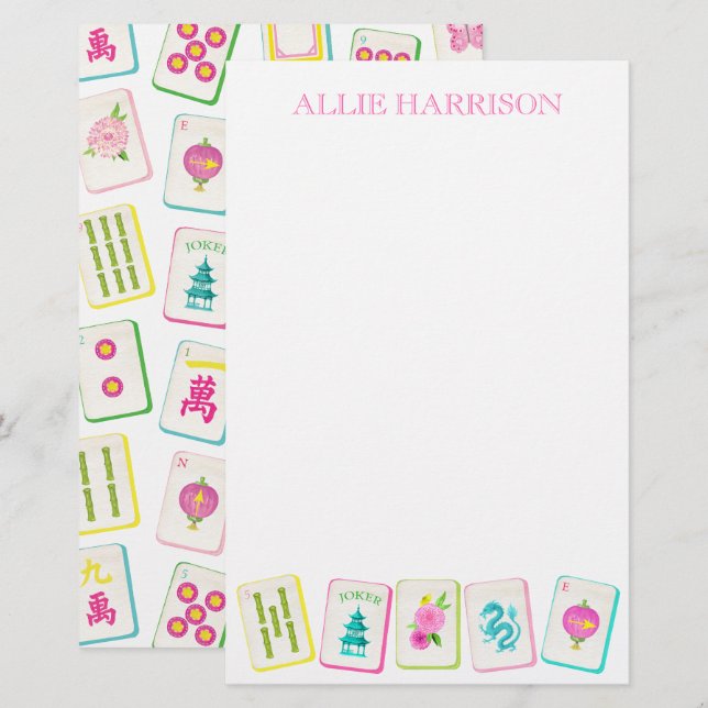 Watercolor Bright Mahjong Tiles Personlig Brevpapper (Fram/baksida)