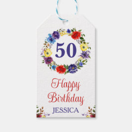 Watercolor Bright Summer Flowers Birthday Presentetikett