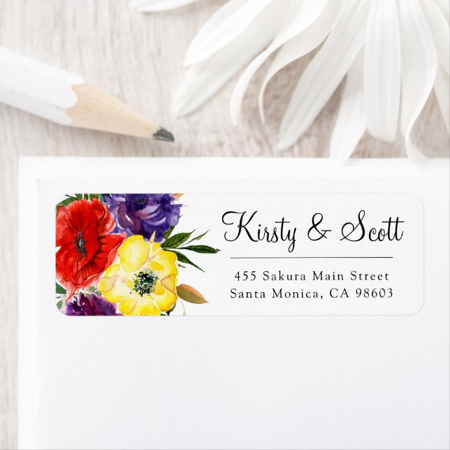 Watercolor Bright Summer Flowers Bröllop Adress Returadress Etikett (Insitu)