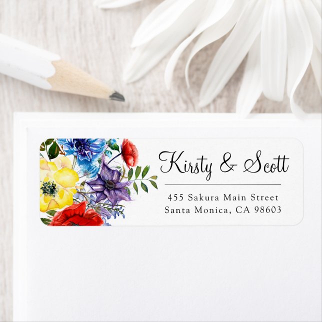 Watercolor Bright Summer Flowers Bröllop Adress Returadress Etikett (Insitu)