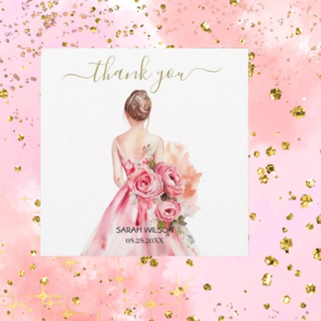 Watercolor Bröllop Gown Guld Tack (Express your gratitude with elegance using our Watercolor Wedding Gown Gold Thank You cards by Brett)