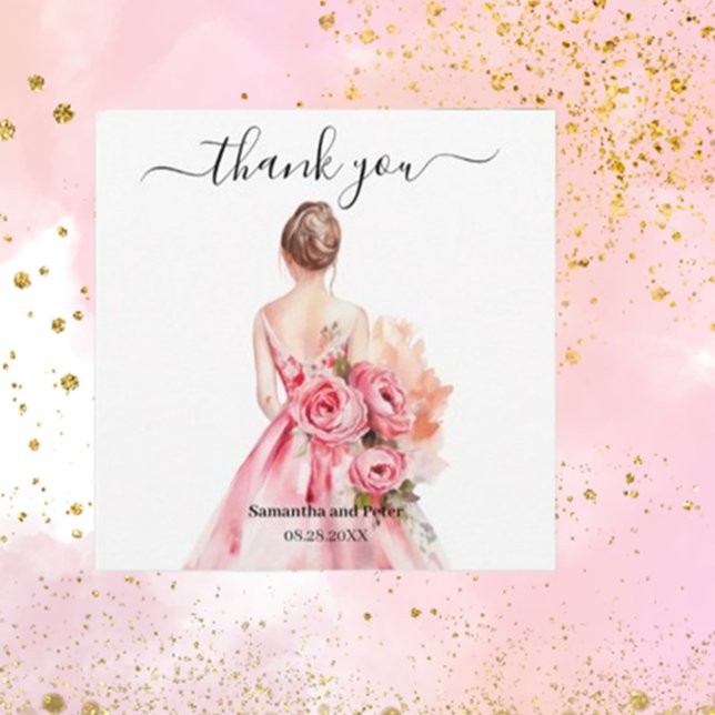 Watercolor Bröllop Gown Tack (Express your gratitude with Brett Designs' beautiful watercolor wedding gown gold thank you cards. )