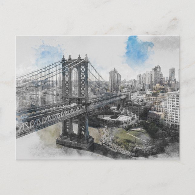 Watercolor Brooklyn Bridge Postcard - New York Vykort (Framsida)