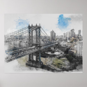 Watercolor Brooklyn Bridge Poster - Elegant NYC