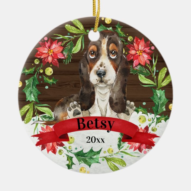 Watercolor Brown Basset Hound Cute Hund jul jul Julgransprydnad Keramik (Framsidan)