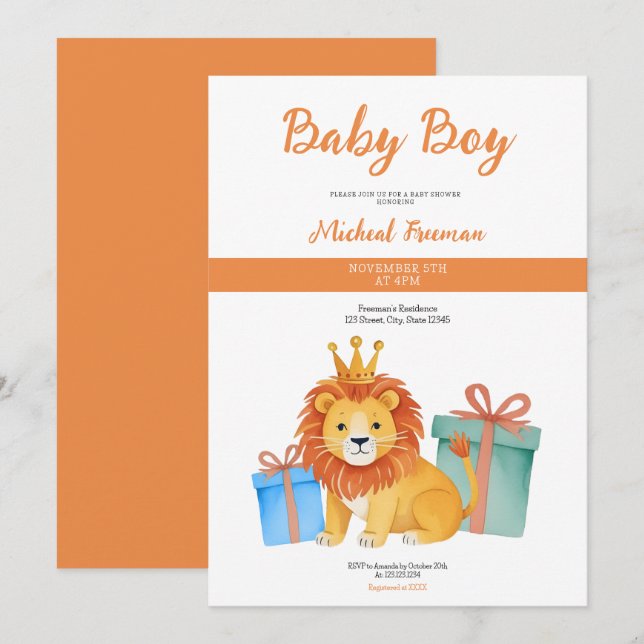 Watercolor Brown Lejon Boy Thmet Baby Shower Inbjudningar (Fram/baksida)