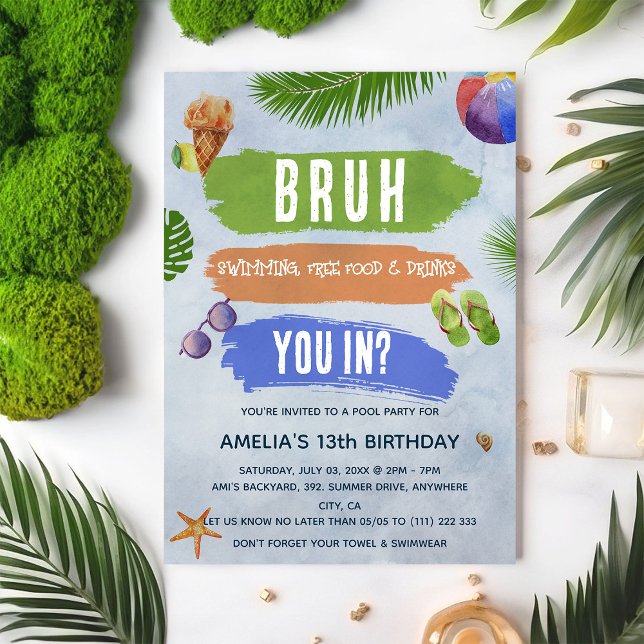 Watercolor Bruh Boy Bassäng Party Birthday Inbjudningar (Skapare uppladdad)