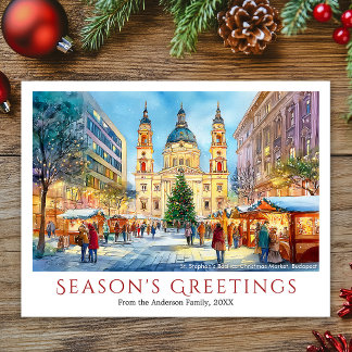 Watercolor Budapest Basilica Christmas Market Helg Vykort