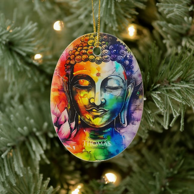 Watercolor Buddha Rainbow Personlig Namn Julgransprydnad Keramik (Träd)