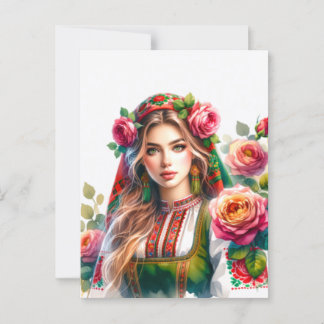 Watercolor Bulgariska Ro & Folwoman Ethnic Vykort