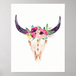 Watercolor Bull Skull med Lila- och Rosa Flowers Poster