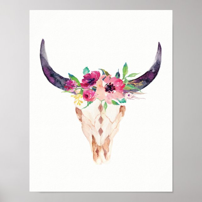 Watercolor Bull Skull med Lila- och Rosa Flowers Poster (Framsidan)