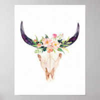 Watercolor Bull Skull med Rosa Flowers